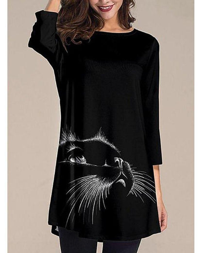 flowersverse Women's T Shirt Dress Tee Dress Knee Length Dress - Short Sleeve Animal Summer Fall Casual Linen Black Dresses