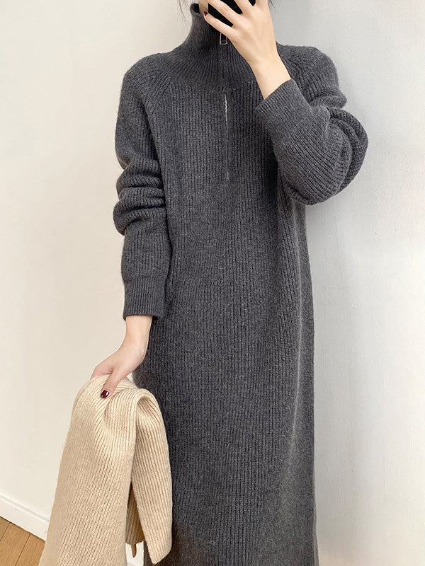 flowersverse Casual Loose Long Sleeves Solid Color Zipper High-Neck Sweater Dresses