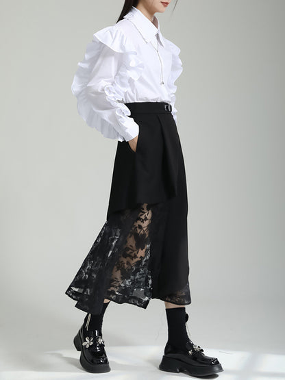 flowersverse Falbala Pleated Solid Color Long Sleeves Lapel Blouses&shirts Tops