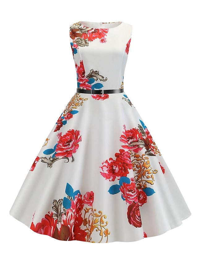 flowersverse Women's Elegant Retro Swing Dress Midi Dress Party Daily With Belt Print Floral Crew Neck Sleeveless Regular Fit Spring Summer  White Red S M L XL