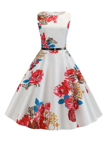 flowersverse Women's Elegant Retro Swing Dress Midi Dress Party Daily With Belt Print Floral Crew Neck Sleeveless Regular Fit Spring Summer  White Red S M L XL