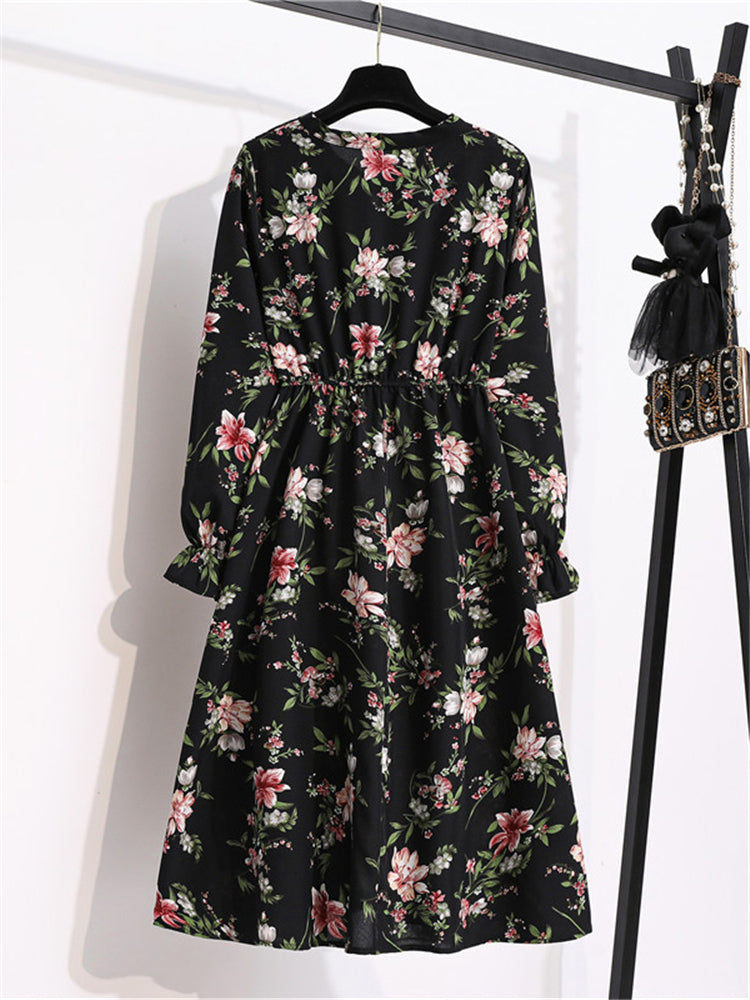 flowersverse Autumn Winter Ladies Chiffon High Elastic Waist Women Bow Aline Full Sleeve Flower Print Floral Party Dress Female Vestido