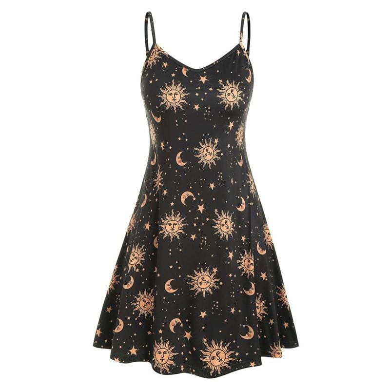 flowersverse Women Starry moon pattern Printed O-Neck Sleeveless Dress