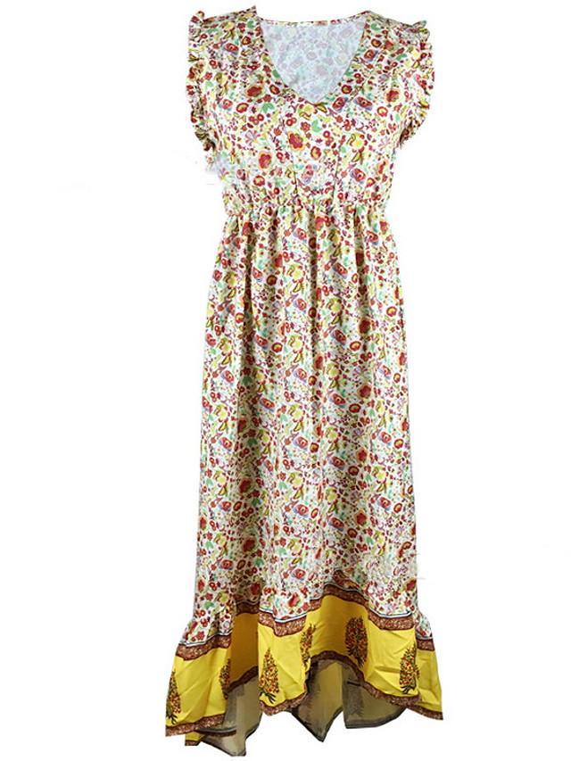 flowersverse Women's A-Line Dress Maxi Long Dress Sleeveless Print Summer Casual Mumu Vacation Dresses Yellow