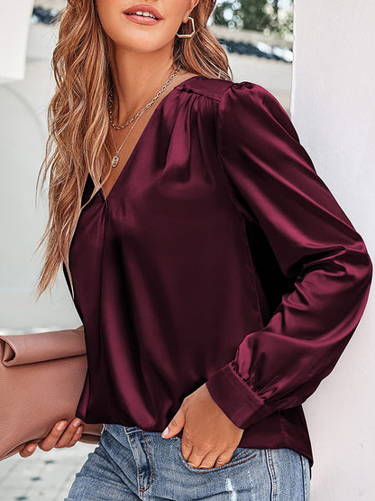 flowersverse Loose Pleated Solid Color V-Neck Blouses&shirts Tops