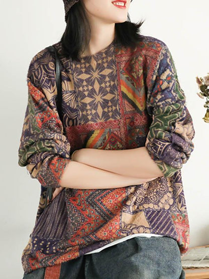 flowersverse Ethnic Style Round Neck Print Sweater