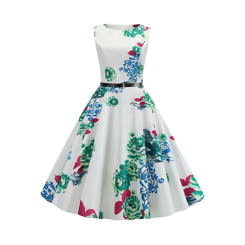 flowersverse Women's Elegant Retro Swing Dress Midi Dress Party Daily With Belt Print Floral Crew Neck Sleeveless Regular Fit Spring Summer  White Red S M L XL