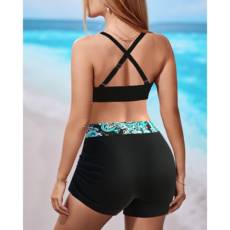 flowersverse Women's Swimwear Tankini 2 Piece Plus Size Swimsuit Printing Geometic Black Blue Purple Crop Top Bathing Suits Sports Summer