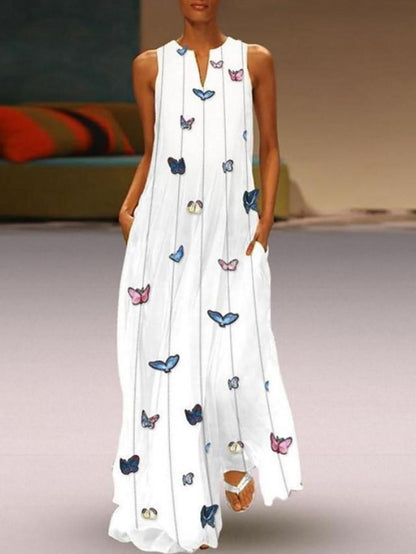 flowersverse Women's A-Line Dress Maxi Long Dress - Sleeveless Butterfly Animal Print Summer V Neck Hot Casual Holiday Beach Vacation Dresses White Yellow Blushing Pink Light Blue White Dresses