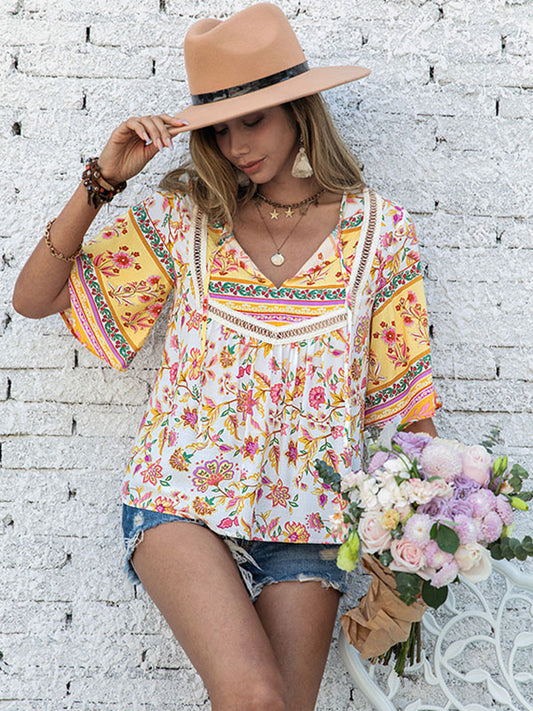 flowersverse Bohemia Flared Sleeves Loose Floral Printed V-Neck Blouse