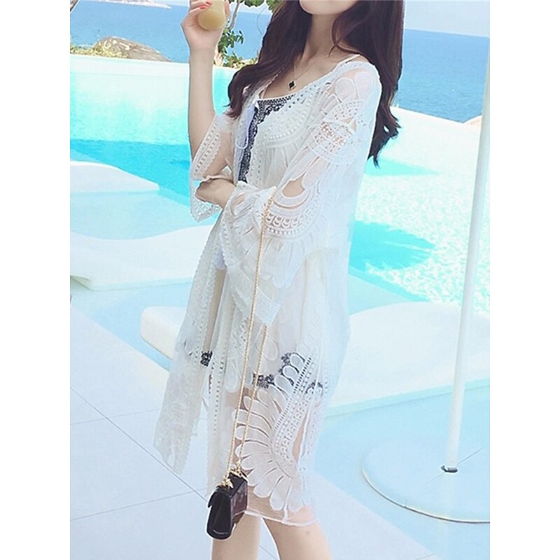 flowersverse Women's Cover Up Beach Dress Beach Wear Mini Dress Crochet Casual Floral Open Front 3/4 Length Sleeve Loose Fit Outdoor Daily White  Spring Summer One Size