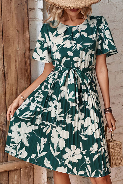 flowersverse Floral Round Neck Tie Belt Pleated Dress