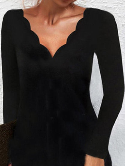 flowersverse Sexy Solid V Neck Long Sleeve A-Line Dresses Black Dresses