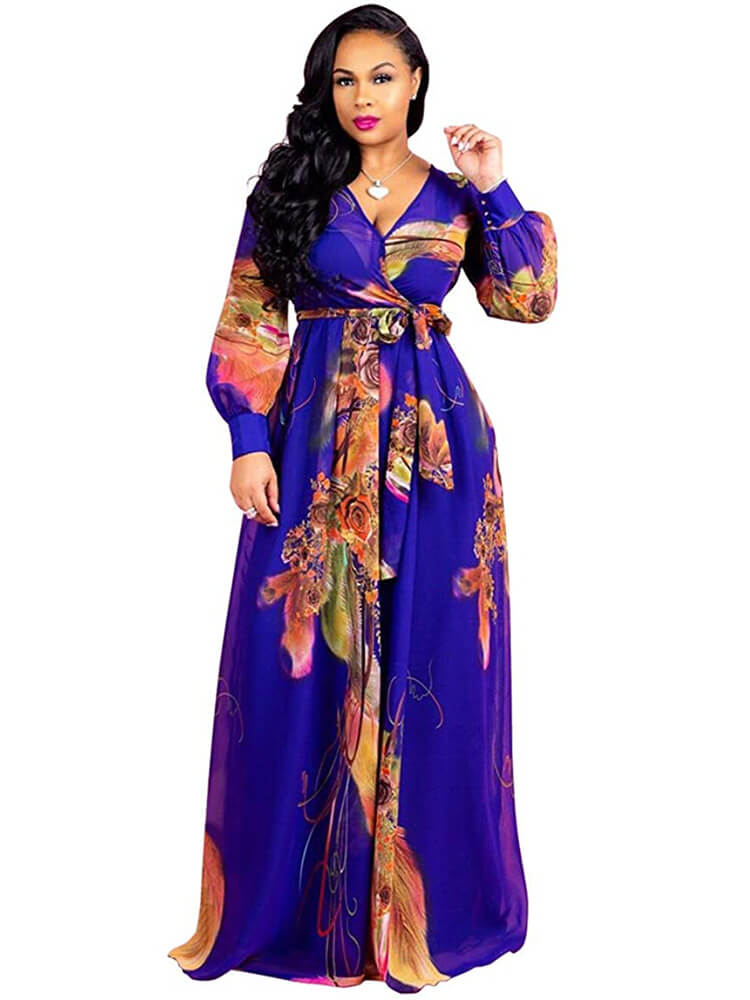 flowersverse Chiffon Floral Printed V Neck Wrap Boho Maxi Dresses