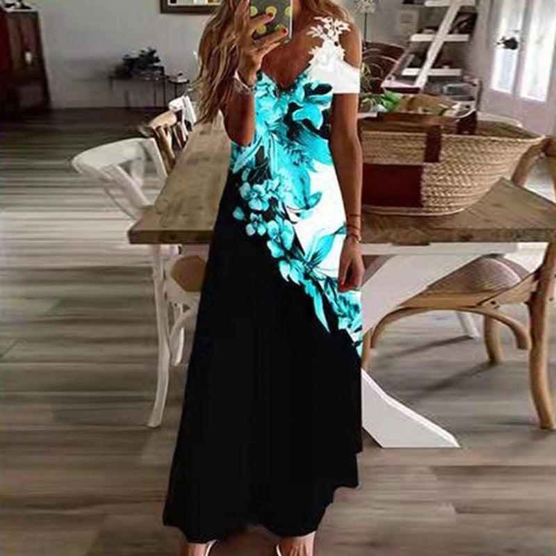 flowersverse Floral Loose V Neck Casual Striped Maxi Dress