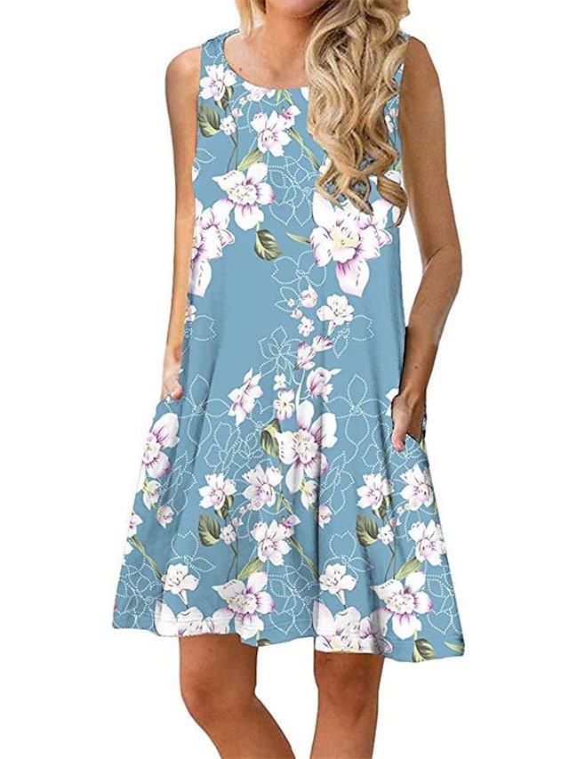 flowersverse Women's Plus Size Pajamas Nightgown Dress Nighty Flower Comfort Soft Sweet Home Street Daily Cotton Blend Crew Neck Sleeveless Pocket Spring Summer Blue Light Blue