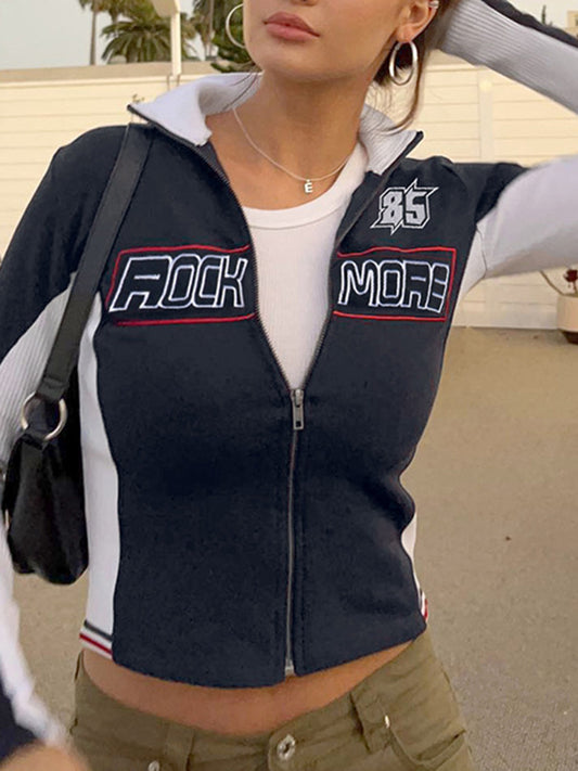 flowersverse Contrast Color Letter Print Split-Joint Long Sleeves Skinny High Neck Jackets