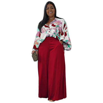 flowersverse Autumn Women Loose Plus Plant Flowers Size Casual Printed Shirt Top Wide Leg Pants