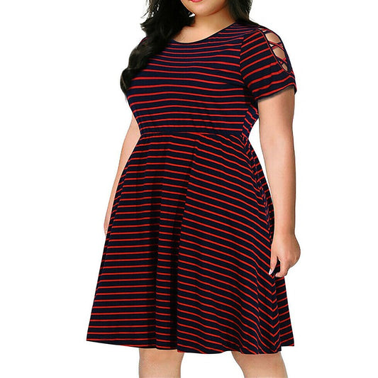 flowersverse Women's Plus Size Casual Dress A Line Dress Stripe Midi Dress Short Sleeve Pocket Crew Neck Fashion Daily White Red Spring Summer XL XXL 3XL 4XL 5XL