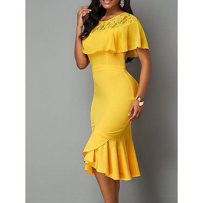 flowersverse Women's Work Dress Sheath Dress Semi Formal Dress Fashion Midi Dress Ruched Ruffle Crew Neck Short Sleeve Plain Slim Yellow Blue Spring Summer S M L XL XXL