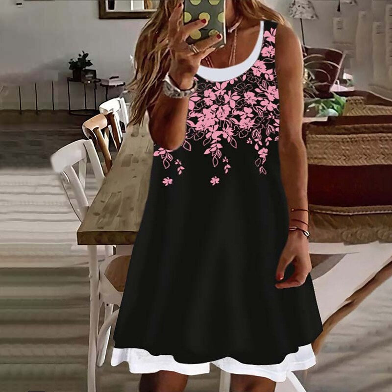 flowersverse Women's Plus Size Casual Dress Floral Crew Neck Print Sleeveless Spring Summer Casual Preppy Short Mini Dress Daily Vacation Dress