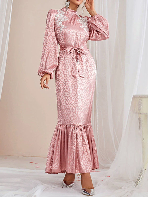 flowersverse A-Line Bishop Sleeve Elasticity Leopard Split-Joint Tied Waist Mock Neck Maxi Dresses