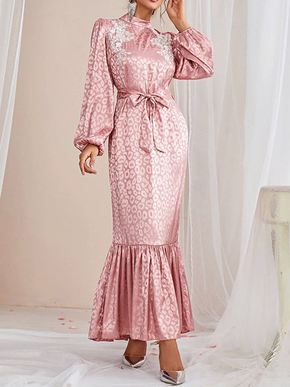 flowersverse A-Line Bishop Sleeve Elasticity Leopard Split-Joint Tied Waist Mock Neck Maxi Dresses