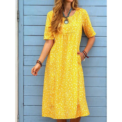 flowersverse Women's Casual Dress Floral Dress Print Dress Floral Pocket Print U Neck Midi Dress Active Fashion Outdoor Daily Short Sleeve Loose Fit Yellow Blue Orange Spring Summer S M L XL XXL