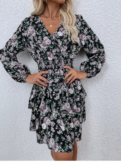 flowersverse Women Spring Fall V Neck Long Sleeve Floral A Line Dress For Ladies Fashion Puff Sleeve Printed All Match Waist Dress