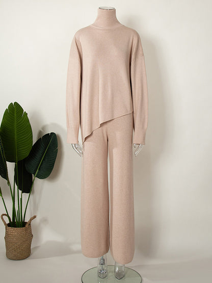 flowersverse Casual Solid Color Irregularity High-Neck Sweater& Wide Leg Pants Suits