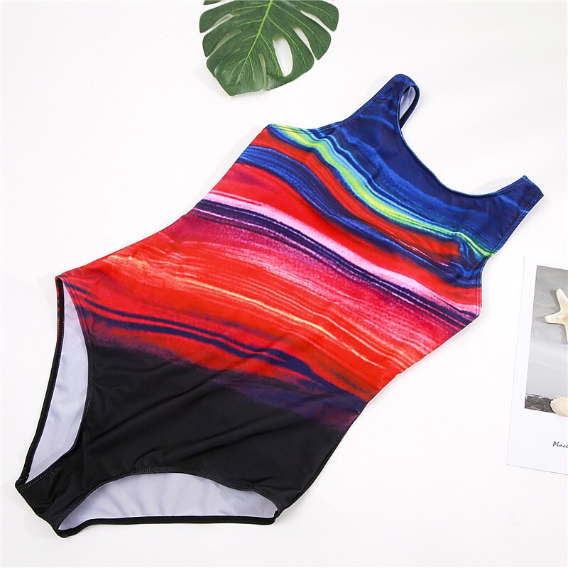 flowersverse Women's Swimwear One Piece Monokini Bathing Suits Plus Size Swimsuit Backless Modest Swimwear Tummy Control Printing for Big Busts Rainbow Blue Red Scoop Neck Bathing Suits New Vacation Fashion