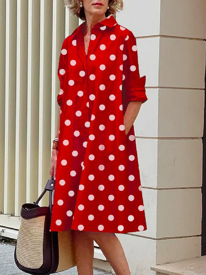 flowersverse Vintage Long Sleeves Polka Dot Lapel Midi Dresses