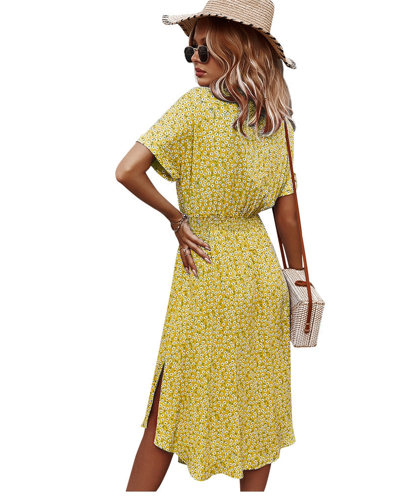 flowersverse Spring Summer Ladies Bandage Dress Women Casual Medium Long Sleeve Button Floral Print Chic Dress