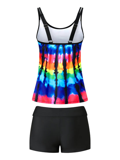 flowersverse Casual Tie-Dye Pattern Printing Scoop Neck Tankinis Two-Piece Set