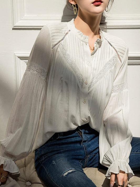 flowersverse Vintage Urban White Loose Puff Sleeves Blouse