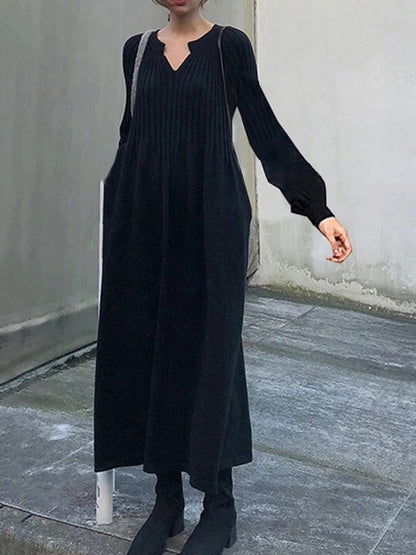 flowersverse Causal Loose Solid Color Pleated V-Neck Long Puff Sleeves Sweater Dress