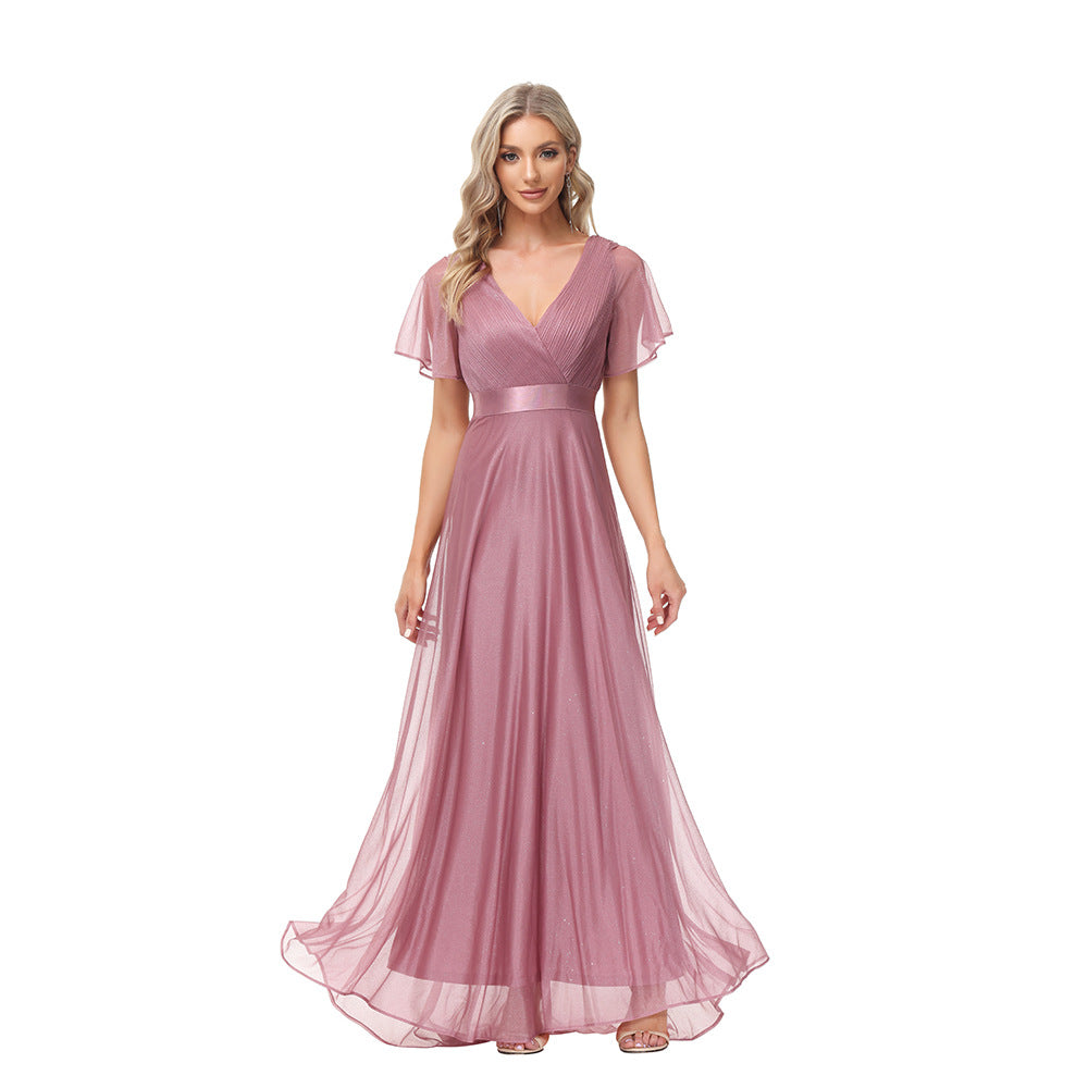 flowersverse Sparkling Party Dress Double V Neck Mesh Ruffle Sleeve Folded A Hem Fully Lined Elastic Evening Dress