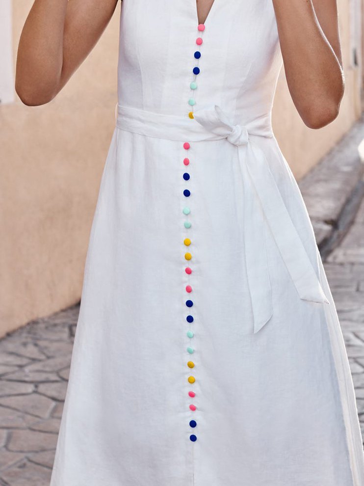 flowersverse White V Neck Sleeveless Color-Block A-Line Weaving Dress