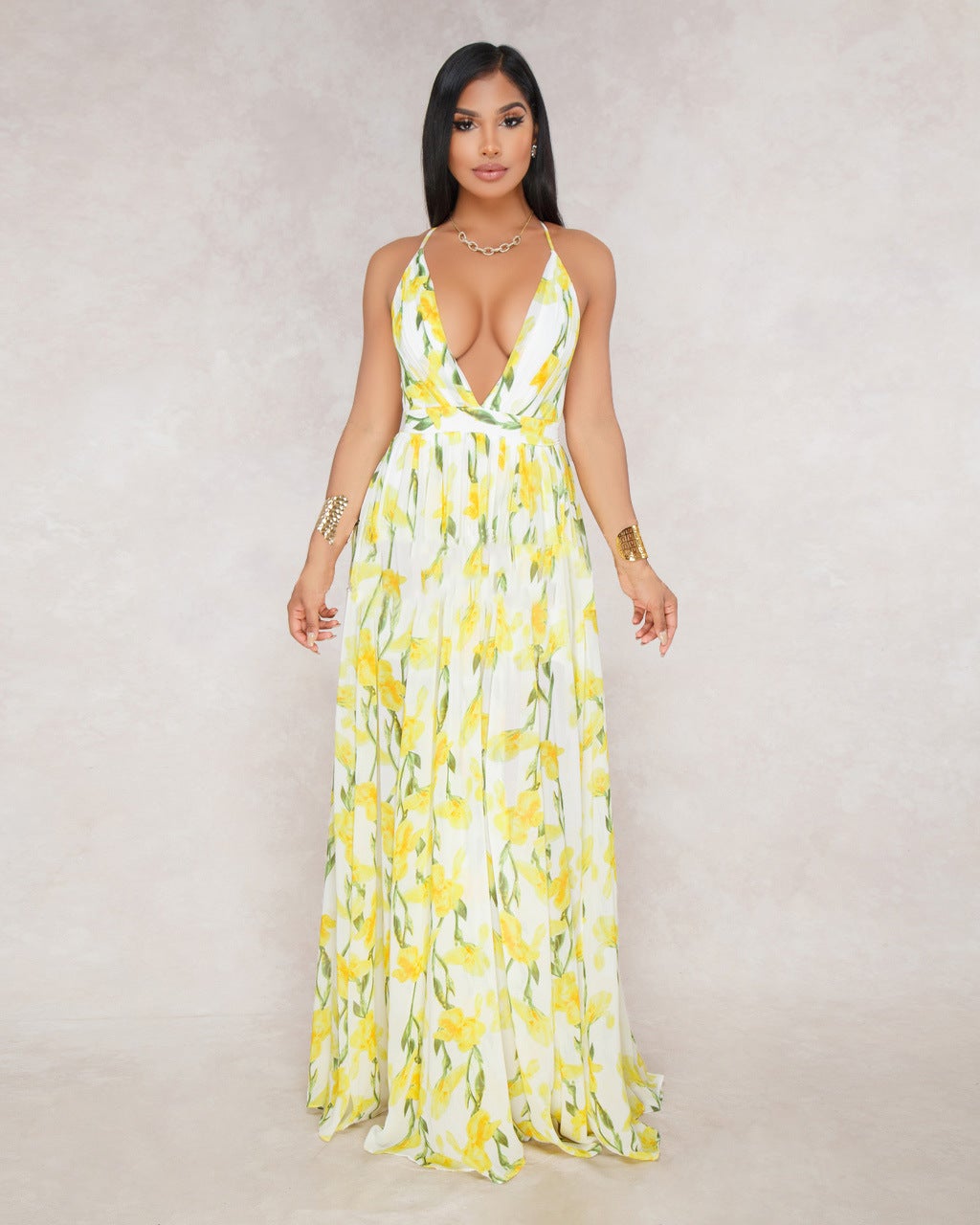 flowersverse European and American Deep V-Neck Back Chiffon Dress