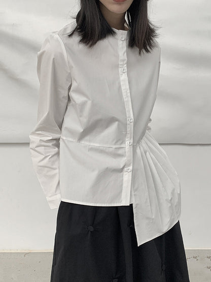 flowersverse Asymmetric Buttoned Pleated Solid Color Long Sleeves Round-Neck Blouses&Shirts Tops