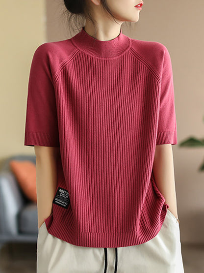 flowersverse Simple Long Sleeves Loose Solid Color High-Neck Sweater Tops