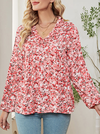 flowersverse Flower Print Ruffled Long Sleeves Loose V-neck Blouses&shirts Tops