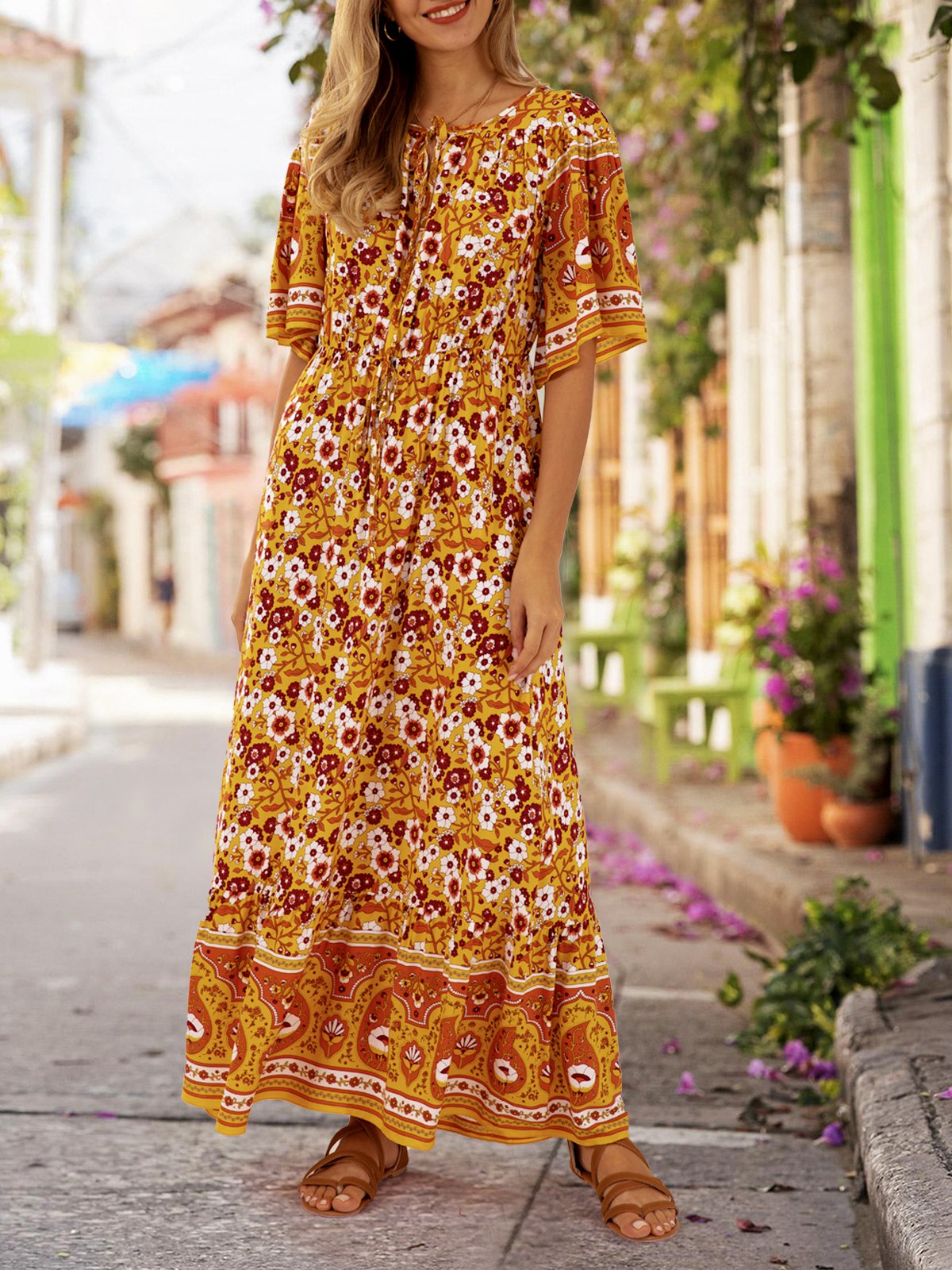 flowersverse Printed Ethnic A-Line Beach Maxi Dress