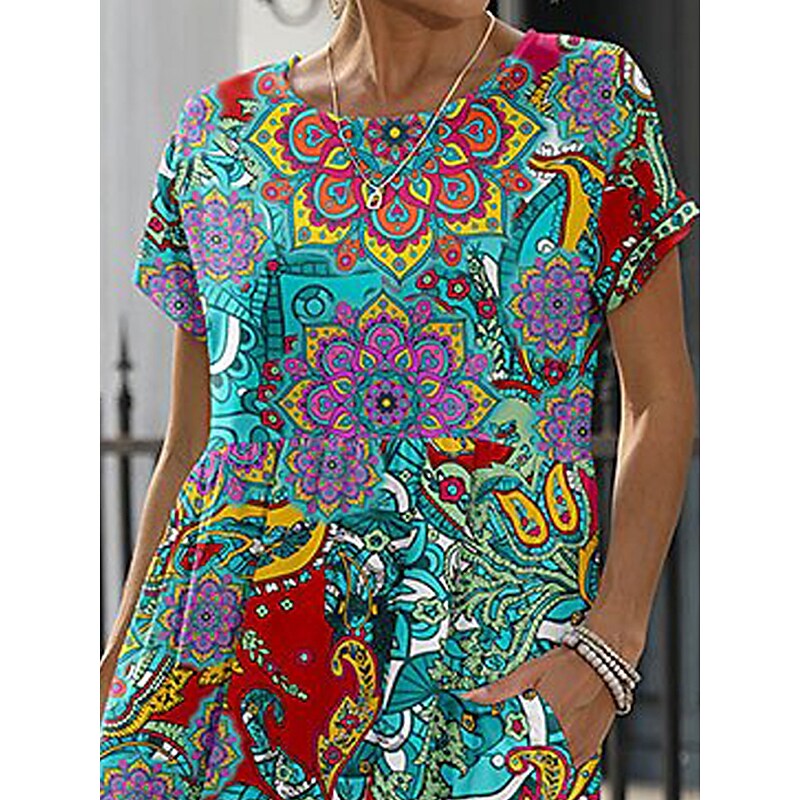 flowersverse Women's Casual Dress Ethnic Dress Summer Dress Floral Tribal Pocket Print Crew Neck Midi Dress Fashion Ethnic Outdoor Daily Short Sleeve Loose Fit Green Spring Summer S M L XL XXL