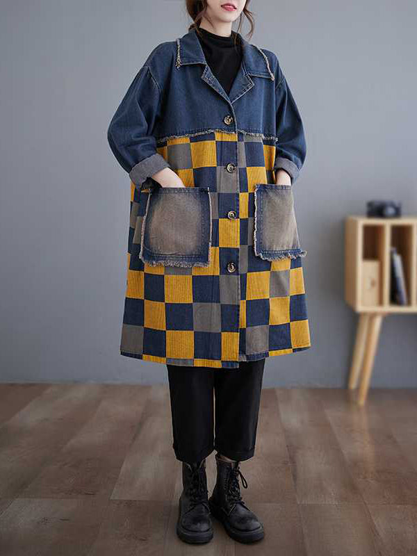 flowersverse Buttoned Fringed Plaid Pockets Split-Joint Long Sleeves Loose Notched Collar Denim Outerwear