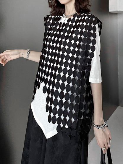 flowersverse Hollow Solid Color Split-Joint Irregular Clipping Loose Round-Neck Vest Top