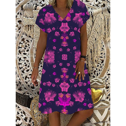 flowersverse Women's Casual Dress Print Dress Loose Dress Floral Print V Neck Midi Dress Active Fashion Outdoor Daily Short Sleeve Regular Fit Black Yellow Blue Spring Summer S M L XL XXL