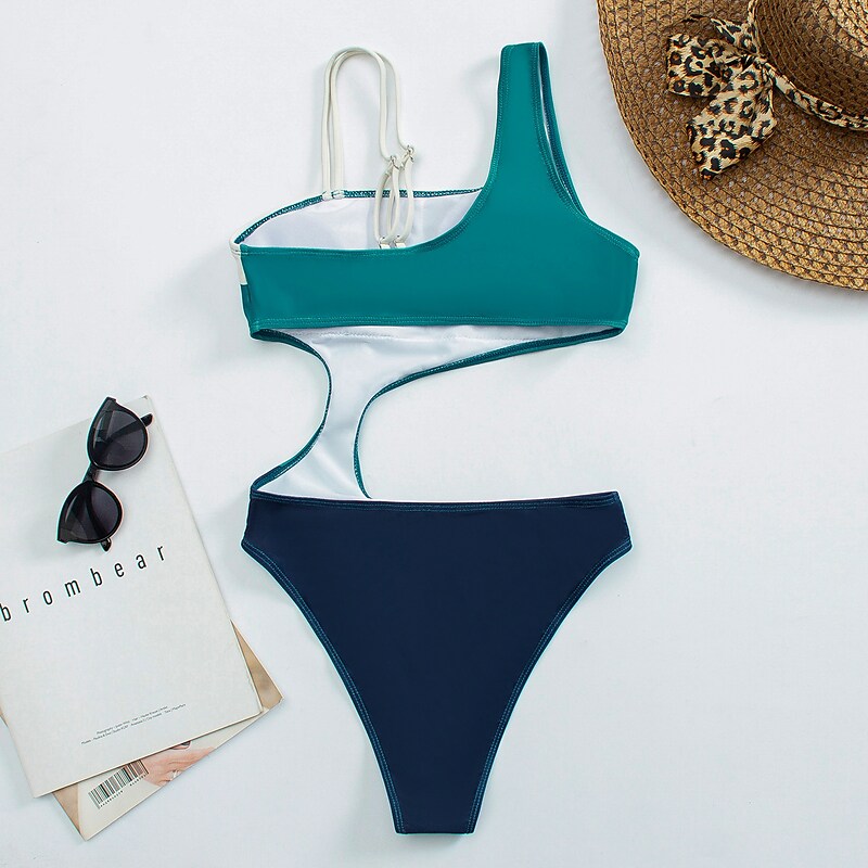 flowersverse Women's Swimwear One Piece Normal Swimsuit Cut Out Printing Color Block Blue Bathing Suits Sports Summer