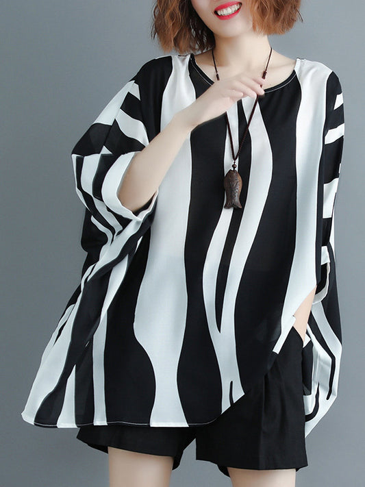 flowersverse Original Chiffon Batwing Sleeves Striped Shirts Tops
