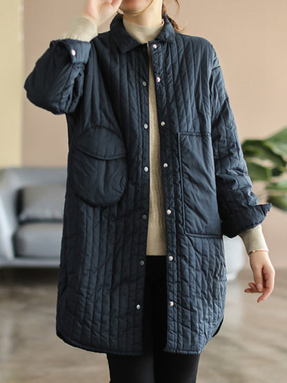 flowersverse Asymmetric Buttoned Pockets Quilted Solid Color Split-side Long Sleeves Loose Lapel Padded Coat